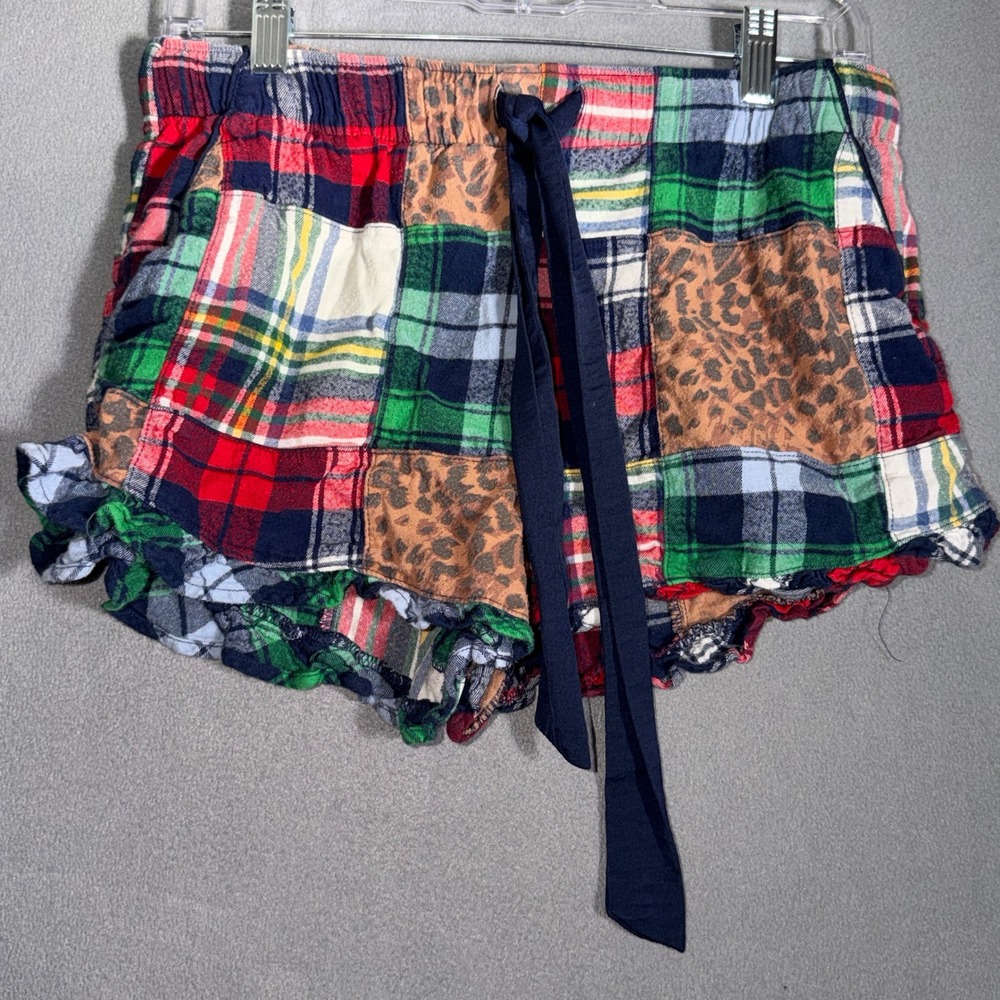 Aerie Medium Patchwork Plaid Leopard Ruffle Pajama Shorts Cottagecore Boho Sleep